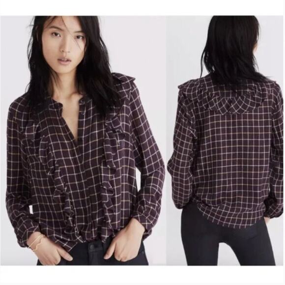 Madewell Plaid Ruffle Front Top - Picture 1 of 8